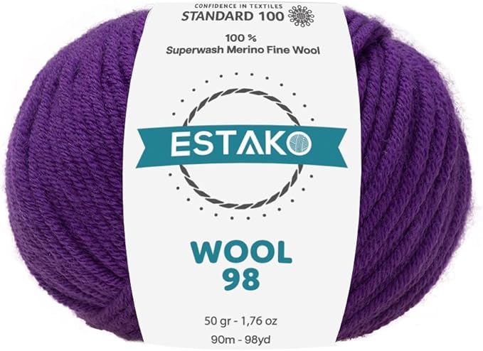 Estako Wool 98 100% Superwash Merino Wool Medium Worsted Weight Soft Knitting and Crochet Yarn 1.76 oz (50gr) 98 yds (90 m) (6385 - Purple)