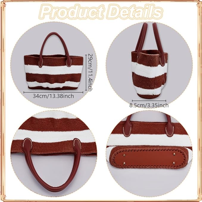 ORIGACH DIY Crochet Handbag Kit for Beginners, Chocolate Brown Striped Crochet Bag with PU Leather Band and Base, Include Yarn, Crochet Hooks, Markers and Instruction