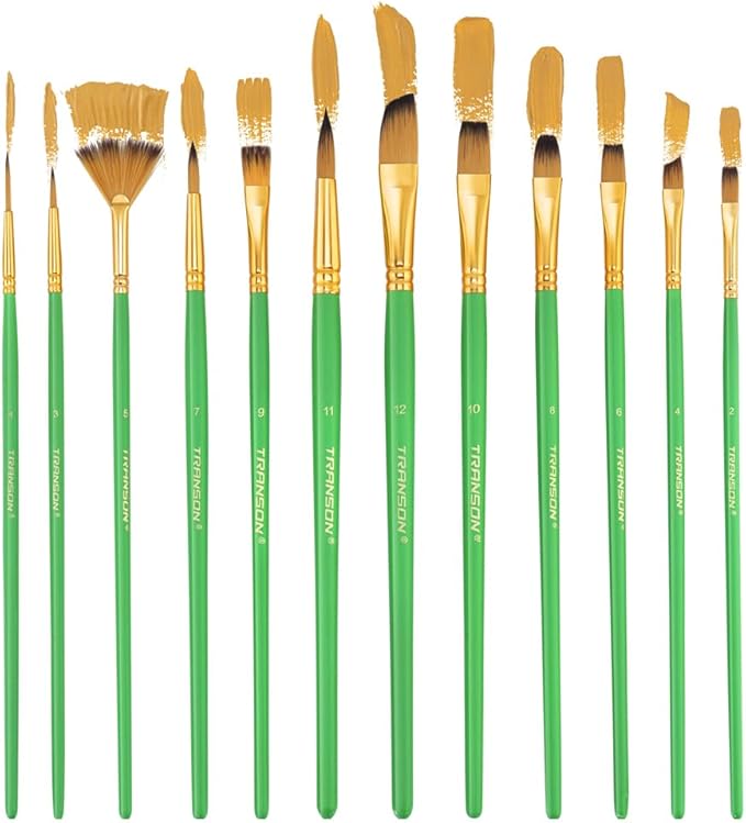 Transon Art Painting Brush Assorted Set of 12 for Acrylic Watercolor Gouache Hobby Painting Green