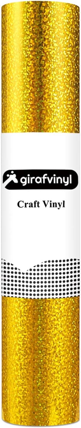 GIRAFVINYL Holographic Gold Vinyl - 12" x6ft Gold Permanent Glitter Vinyl for DIY Crafts, Signs, Home and Car Decal