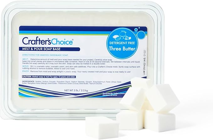 Crafter's Choice Detergent Free Melt and Pour Soap Base for Soap Making and DIY Crafting Projects, SLS/SLES Free, 5LB Block (Three Butter Plus)