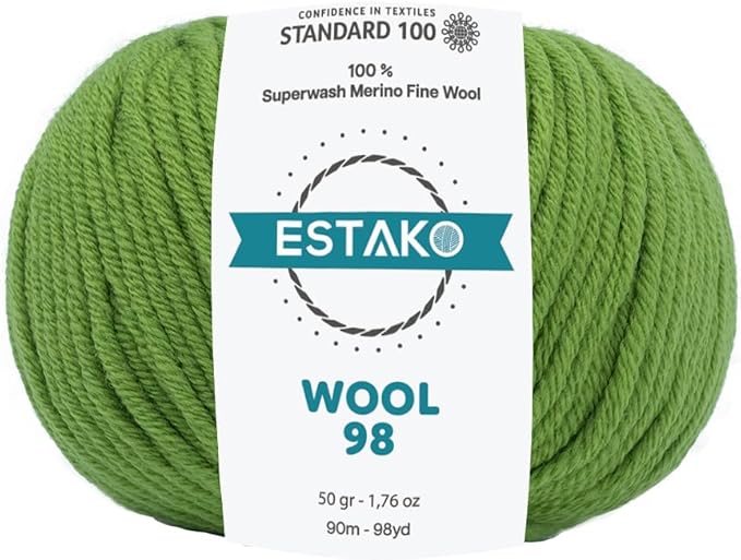 Estako Wool 98 100% Superwash Merino Wool Medium Worsted Weight Soft Knitting and Crochet Yarn 1.76 oz (50gr) 98 yds (90 m) (6371-Green)