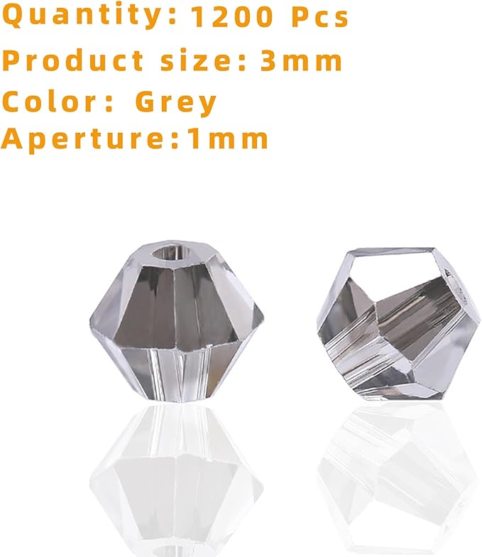 1200PCS 3mm Bicone Crystal Glass Beads for Jewelry Making, Sparkling Mini Beads for Suncatchers, DIY Bracelets & Craft Projects (Grey)