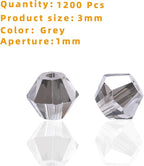 1200PCS 3mm Bicone Crystal Glass Beads for Jewelry Making, Sparkling Mini Beads for Suncatchers, DIY Bracelets & Craft Projects (Grey)