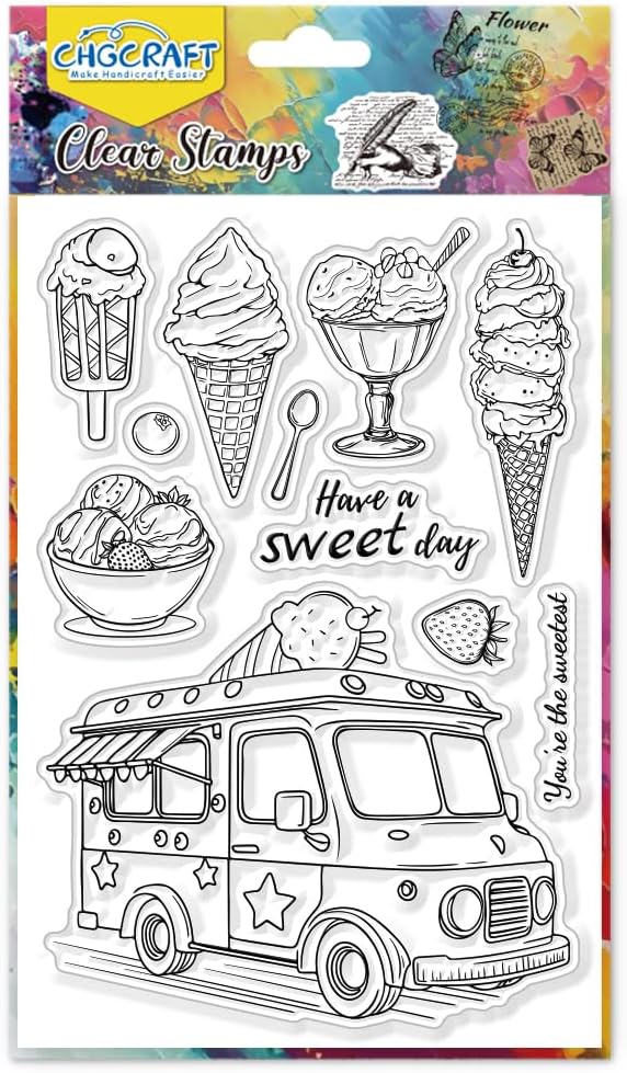 CHGCRAFT Ice Cream Cart Clear Stamps Ice Cream Cone Dessert Transparent Handicraft Stamps for DIY Scrapbooking Photo Album Decorative, 6.3x4.3inch