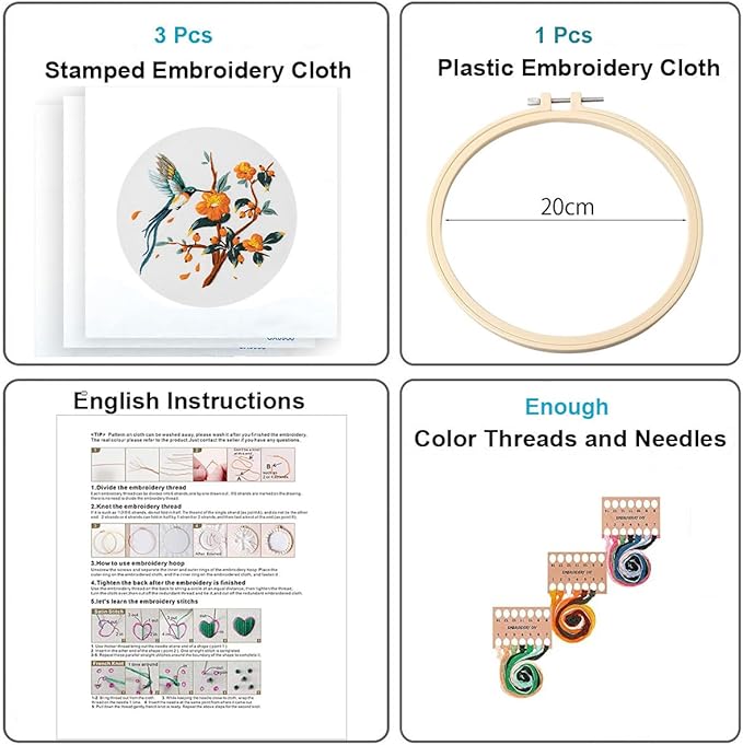 Konrisa 3 Pcs Hummingbird Flowers Embroidery Kits for Beginner, Cross Stitch Kit, DIY Sewing Practice Needlepoint Kits for Adults,Set of 3