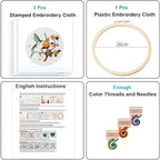 Konrisa 3 Pcs Hummingbird Flowers Embroidery Kits for Beginner, Cross Stitch Kit, DIY Sewing Practice Needlepoint Kits for Adults,Set of 3