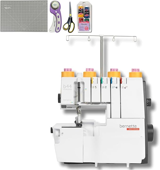 Bernette B44 Funlock Overlock Serger Sewing Machine | Threads Bundle, Scissors, Rotary Cutter, Needles, Foldable Cutting Mat | Heavy Duty Stitching & Quilting Performance | Beginners to Professional