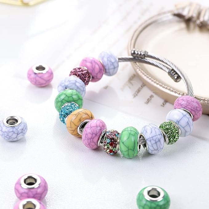 100 Pieces 14mm European Large Hole Spacer Beads Mix Color with Silver Brass Cores Assortments Charm Lampwork Beads Supplies for Necklace Bracelets Jewelry Making (Crack Opaque)