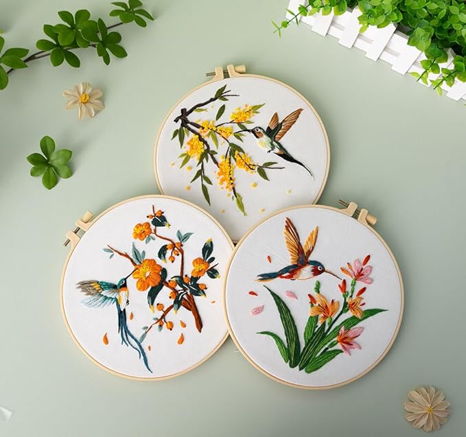 Konrisa 3 Pcs Hummingbird Flowers Embroidery Kits for Beginner, Cross Stitch Kit, DIY Sewing Practice Needlepoint Kits for Adults,Set of 3