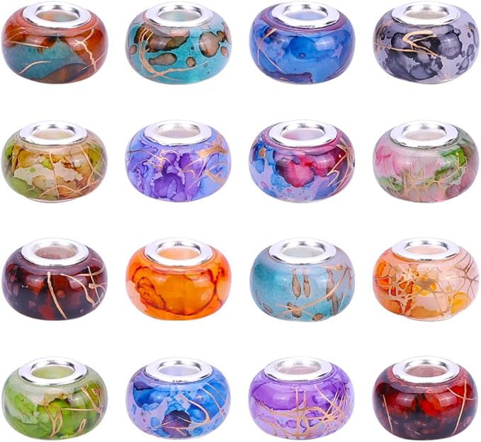 100 Pieces 14mm European Large Hole Spacer Beads Mix Color with Silver Brass Cores Assortments Charm Lampwork Beads Supplies for Necklace Bracelets Jewelry Making (Golden Wire Water Pattern)