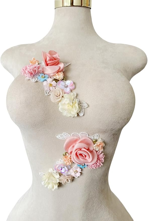 1 Pair of Multicolor Embroidery Rhinestone Crystal Sequin Lace Applique Sewing Flower Fabric Patch Wedding Gown Dress Bridal DIY Crafts (Multicolor I)