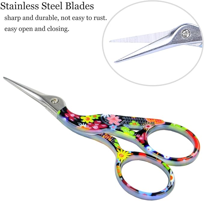BIHRTC Little Scissors - 3.6inch Cross Stitch Scissors with Leather Cover and Stainless Steel Crane Design for Embroidery, Sewing, Crafting, Art Work, Needlework