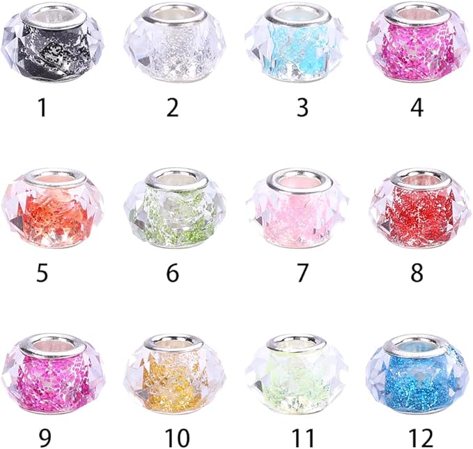 100 Pieces 14mm European Large Hole Spacer Beads Mix Color with Silver Brass Cores Assortments Charm Lampwork Beads Supplies for Necklace Bracelets Jewelry Making (Faceted Powder)