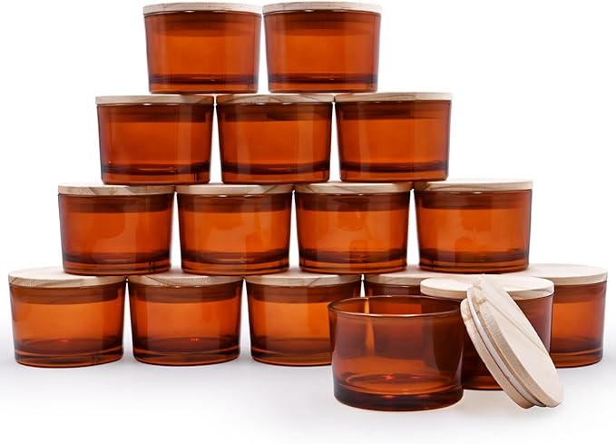 SHOWIN Thick Candle Jars for Making Candles 16 Pcs, 4 OZ Empty Jars with Wood Lids for Candle Making, Sample Container - Dishwasher Safe,Clear Brown