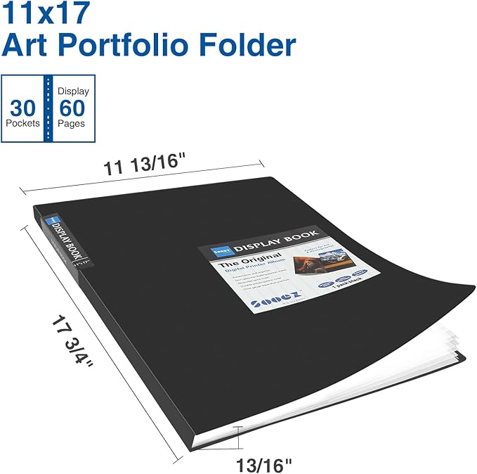 Sooez Art Portfolios 11"x17", Large Portfolio Folder with 30 Pockets & Black Inner Sheets, Display 60 Pages, 11 x 17 Presentation Book