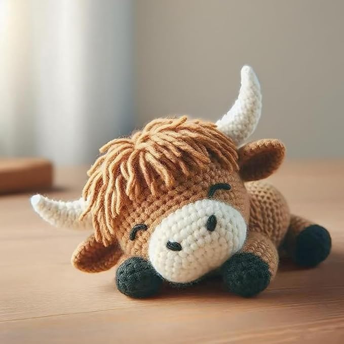 Highland Cow DIY Crochet Kit for Beginners, Brown Handmade Animal Soft with Yarn, Tools and Instructions, Cute Highland Cattle Birthday Gift for Adults, 23cm x 17cm x 6cm