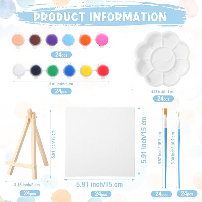Qilery 24 Set 6 x 6 Inch Canvas Boards and Easel for Painting, Acrylic Paint Strips, Palettes, Brushes, Canvases Painting Kits for Kids Adults Artists Beginners Oil Acrylic Painting Party Favors