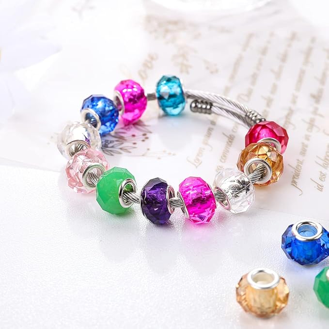 100 Pieces 14mm European Large Hole Spacer Beads Mix Color with Silver Brass Cores Assortments Charm Lampwork Beads Supplies for Necklace Bracelets Jewelry Making (Faceted)