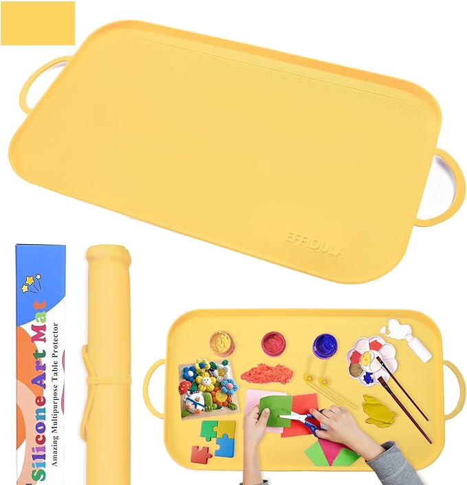 Silicone Craft Station Mat for Kids, Large Silicone Art Mat with Handle, Raised Edges for Painting, Jewelry-Making & Crafts - 26x16in,Yellow