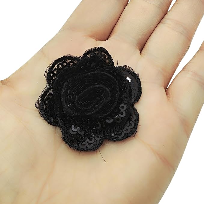 5 PC Rose Flower Sequins Lace Embroidery Patch Applique Trim Wedding Dress DIY Sewing Craft Clothes Applique, 1.6 Inch, Black