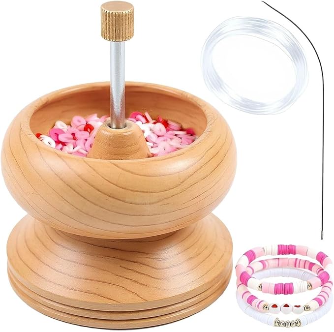 SHOP LC DELIVERING JOY Seed Bead Spinner for Jewelry Making Kit Clay Bead Spinner with Big Eye Beading Needle & 3mtr Wire - Necklace Bracelet Maker Wooden Birthday Gifts - Pinewood