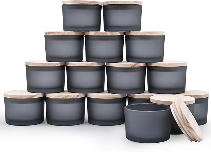 SHOWIN Thick Candle Jars for Making Candles 16 Pcs, 4 OZ Empty Jars with Wood Lids for Candle Making, Sample Container - Dishwasher Safe, Frosted Gray