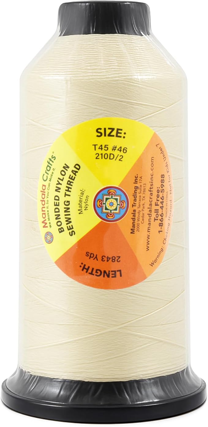 Mandala Crafts Size 46 210D T45 Bonded Nylon Thread Ivory Heavy Duty Sewing Threads - 2843 YDs Tex 45 Thread for Leather, Jeans, Weaving, Outdoor Marine Upholstery Threads