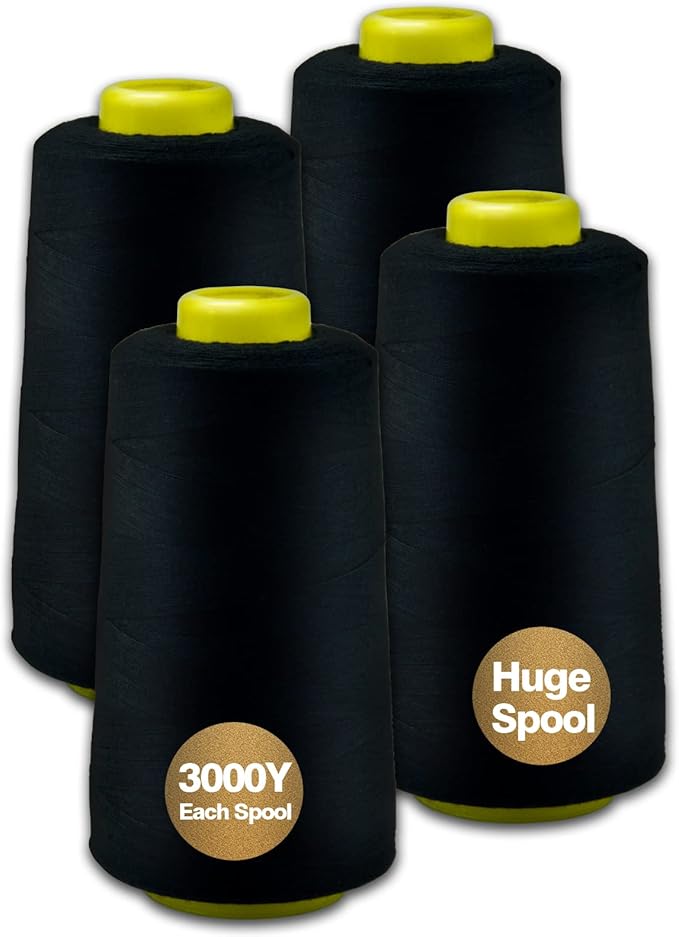 Black Serger Thread, All-Purpose Thread for Sewing, Polyester, 4 Cones of 3000 Yards Each Spool for Sewing Machine