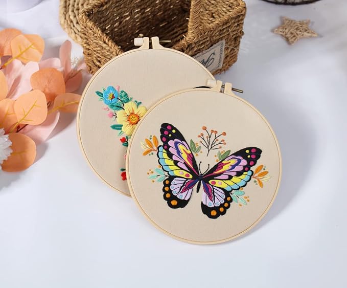 Konrisa Embroidery Kits with Butterfly Flower Pattern, Stamped Embroidery Starter Kit for Beginners Adults Needlepoint Kits Include Embroidery Fabric Embroidery Hoop Threads and Needles,Set of 2