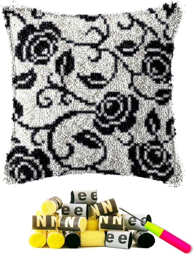 DL-YTG Latch Hook Kits Pillow Black Rose Flower Crochet Yarn Cushion Colour Pre-Printed Canvas Rug Needlework DIY Pillowcase Hook and Latch Kit Christmas Home Crafts Sofa Decoration 42x42cm/17 X17