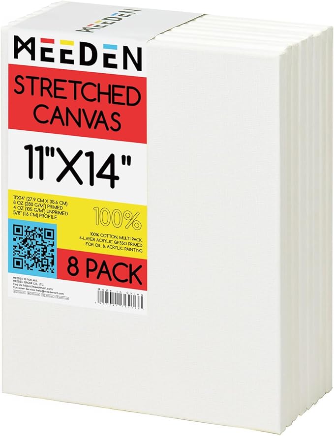 MEEDEN Stretched Canvas, 11 × 14 Inch, Pack of 8, Blank White Canvases for Painting, 100% Cotton, 11 oz Gesso-Primed, Pre-Stretched Canvas for Acrylic Oil Pouring & Airbrushing Painting