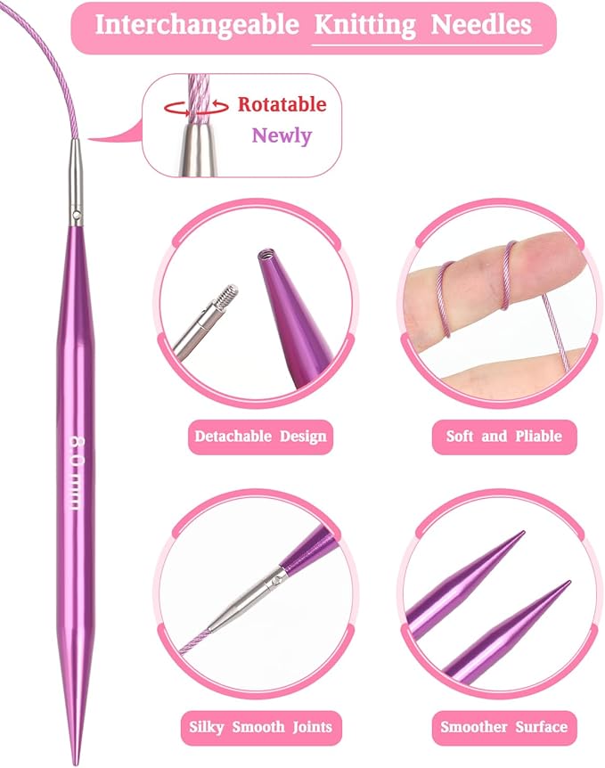 Coopay Interchangeable Knitting Needles with 4 Rotatable Cables, 13 Pairs Circular Knitting Needles 3.0-10.0mm with Case, Aluminum Cable Needles for Knitting, Ideal Gifts for Knitters, Purple Love