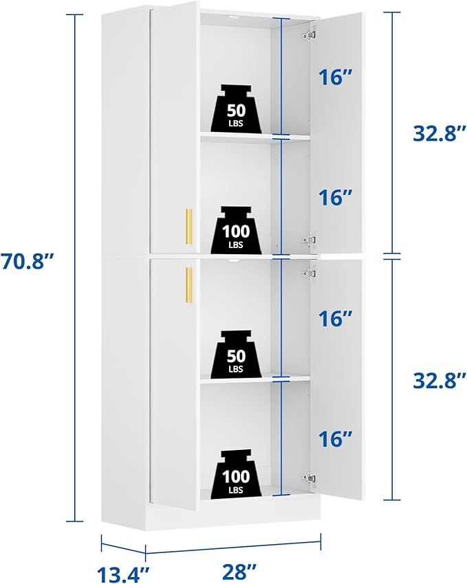 Cozy Castle Kitchen Pantry Cabinet, 71" Tall Wood Storage Cabinet with Doors and Shelves 4 Doors Freestanding Cupboard for Dining Room Living Room Bathroom Furniture, White