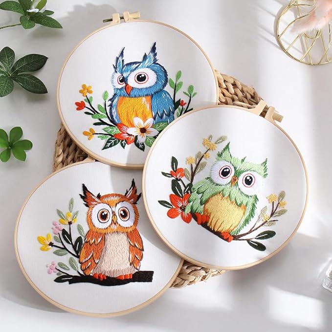 Konrisa Owl Embroidery Kit for Beginners Adult, Embroidery Starter Kit with Cloth Hoops Threads DIY Sewing for Craft Lover Hand Stitch Needlepoint Kits