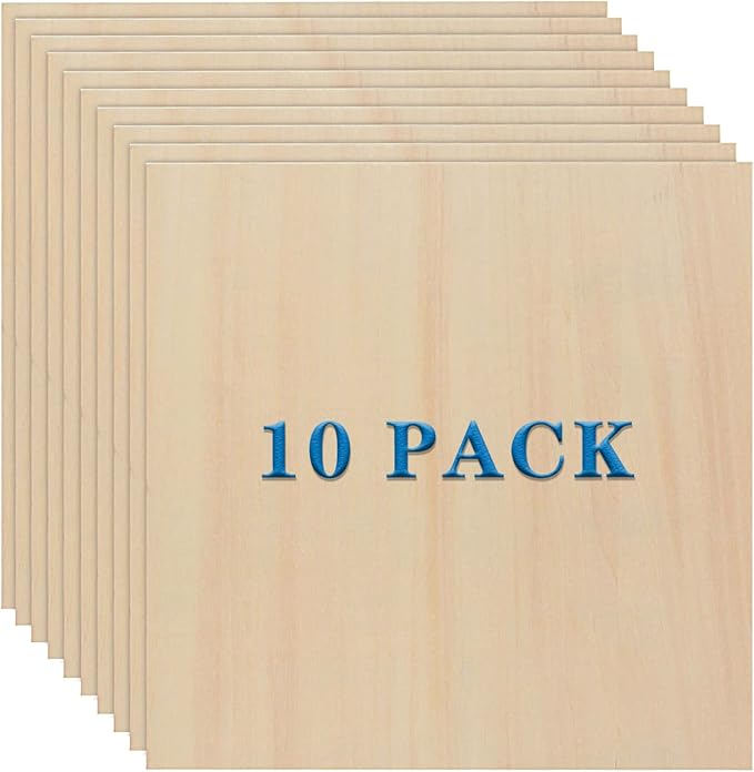 10 Pack Basswood Sheets 3mm 10 x 10 x 1/8 Inch Plywood Board, Thin Natural Unfinished Wood for DIY Crafts Painting, Hobby, Model Making, Wood Burning and Laser Projects