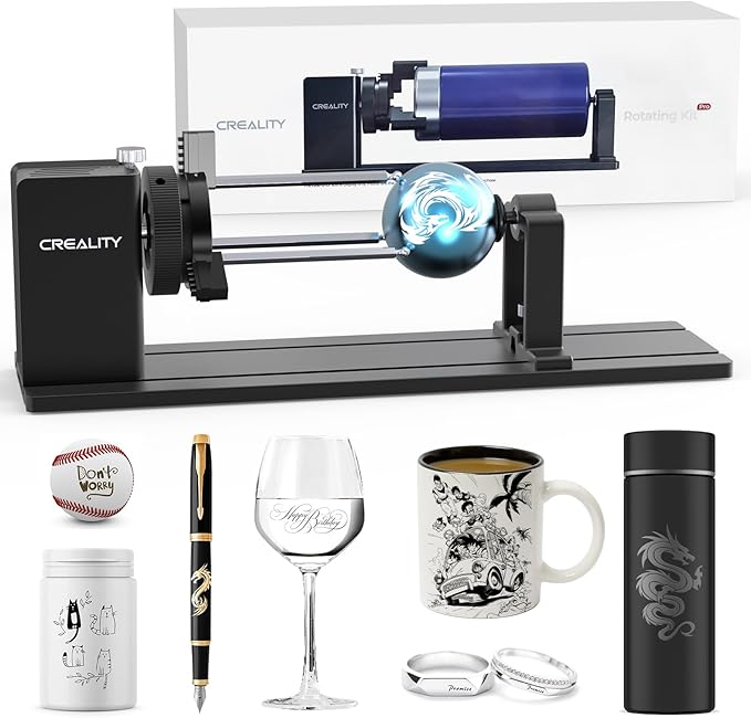 Official Creality Rotary Kit Pro, Laser Rotary Roller 4 in 1 Multi-Function Engraving Accessories for Laser Engraver, Jaw Chuck Rotary for Engraving Cylindrical Objects, Wine glass, Baseball Bat, Ring