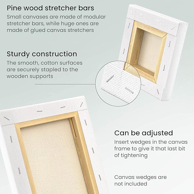 ARTEZA Stretched Canvas Multipack of 10 – 4x4, 5x7, 8x10, 9x12, 11x14 Inch Blank White Canvases for Acrylic, Oil, Gouache – Cotton, Pre-Primed