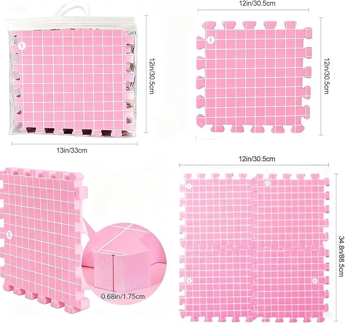 MEVOME Blocking Mats for Knitting 200 T-pins 100 Locking Stitch Markers, Extra Thick Block Boards Crochet Projects Grid Lines Needlepoint Knit Crocheting, 9 Foam Interlocking Mat Storage Bag (Pink)