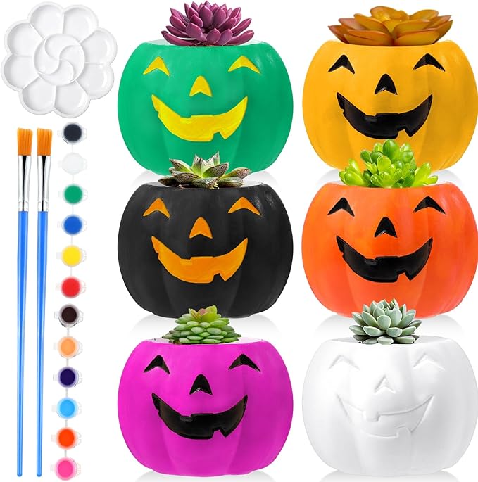 Pasimy 6 Set DIY Ceramic Succulent Planter Pots Paint Your Own Flower Pots Craft Kit Unpainted Bisque Paintable Flowerpot with Brush Palette Ready to Paint for Family Activity Gift (Evil Pumpkin)