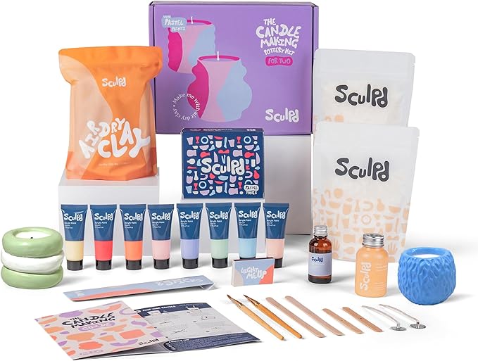Sculpd Candle Making Pottery Kit for Adults with Air Dry Clay and Acrylic Paint Set, Non-Toxic Eco Soy Wax, Scented Fragrance Oil, Candle Glaze, Tools & Guide, 2 Candles, Peony Rose with Pastel Tones