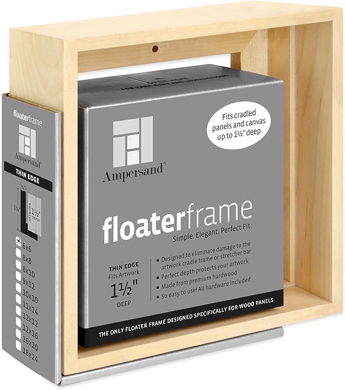 Ampersand Floaterframe Readymade Frame for Flat and 1 1/2" Deep Wood Panel and Canvas Artwork, Paintings, Prints, and More, 6"x6", Maple Thin