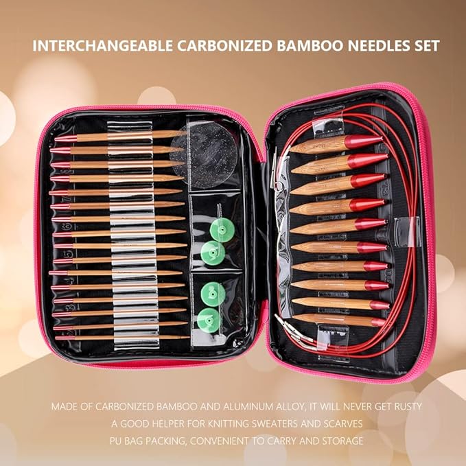 Fdit Interchangeable Carbonized Bamboo Knitting Needles, Aluminum Circular Needles Ring Set with Pouch