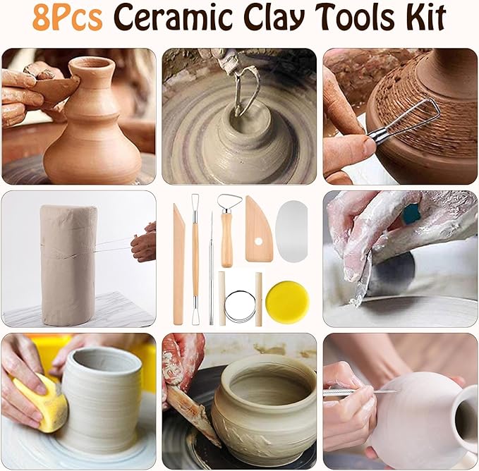 Akamino 20 Pcs Pottery Tools Include 1 Wood Rolling Pin,1 Portable Pottery Linen Tablecloth, 10 Pcs 5 Size Teaching Rolling Mud Stick Guide, 8 Clay Sculpting Tools for Manual Self Ceramic Clay Making