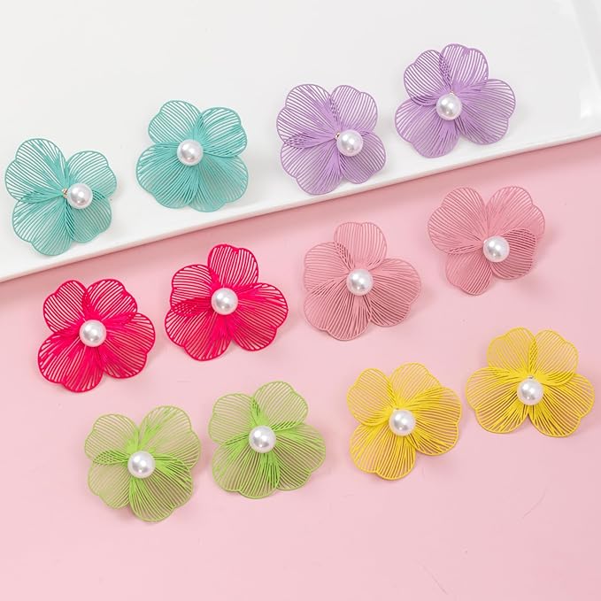 COLIGREE 12 Pairs Matte Colorful Flower Pearl Stud Earrings Hollow Rubbery Textured Filigree Flower Earring Making Kit for Women Fashion