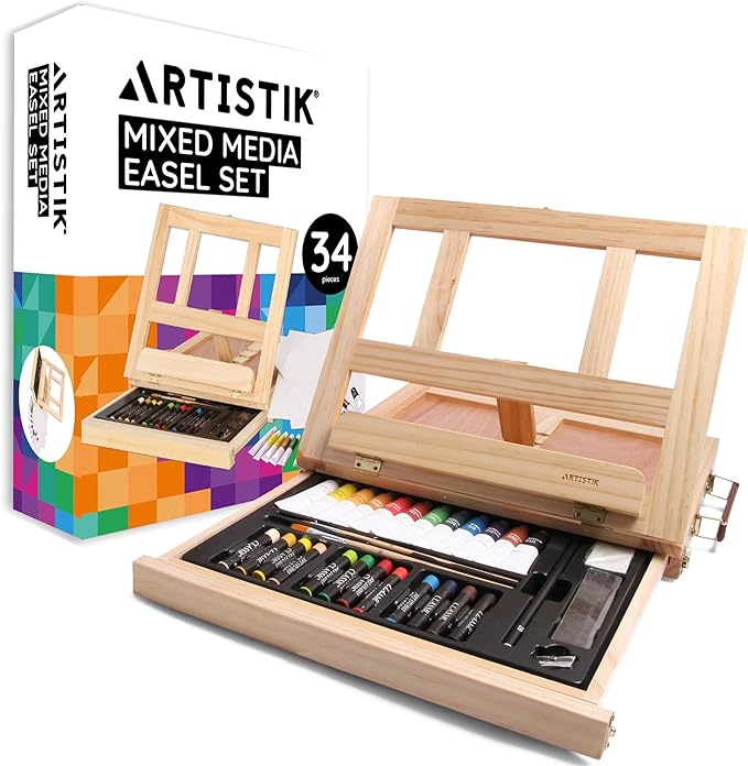 Artistik Mixed Media Easel Art Set – 34-Pc Wooden Desktop Easel Box Paint Set with Acrylic Paints, 3 Canvas Boards & Oil Pastels – Beginners & Artists Painting Kit