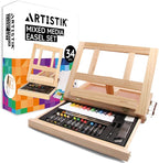 Artistik Mixed Media Easel Art Set – 34-Pc Wooden Desktop Easel Box Paint Set with Acrylic Paints, 3 Canvas Boards & Oil Pastels – Beginners & Artists Painting Kit