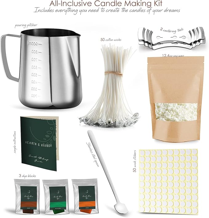 Hearth & Harbor Soy Candle Wax for Candle Making - Natural Soy Wax for Candle Making 12.4 oz Bag, Premium Soy Wax Flakes, 50 Cotton Candle Wicks, 50 Wick Stickers, & 2 Centering Devices