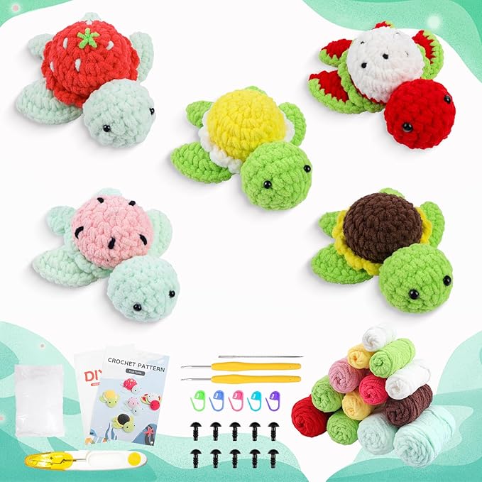 5PCS Crochet Kit for Beginners, Knitting Kit with Step-by-Step Video Tutorials, Beginner Crochet Kit for Adults with Easy Peasy Yarn, Crochet Animal Kit for Beginners Kids,5 Fruite Turtles (40%+ Yarn)