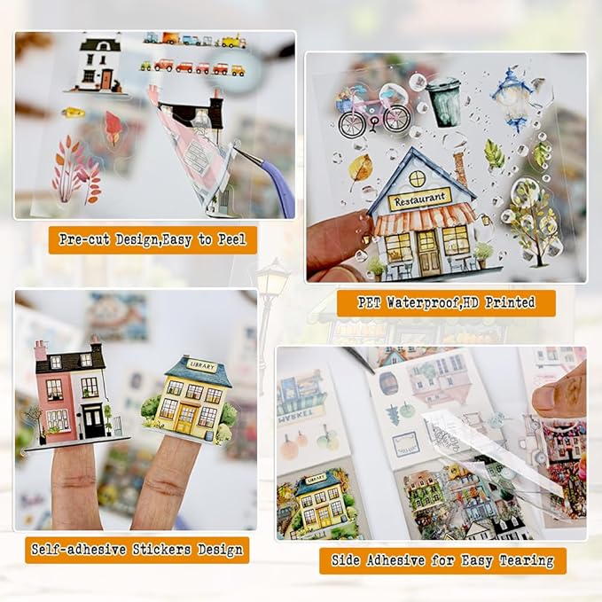 40 Sheets Small Scrapbook Sticker Books for Scrapbooking, Nordic Town Them Watercolor Scenery Stickers for Journaling, Junk Journal Supplies, Bujo, Crafts Arts
